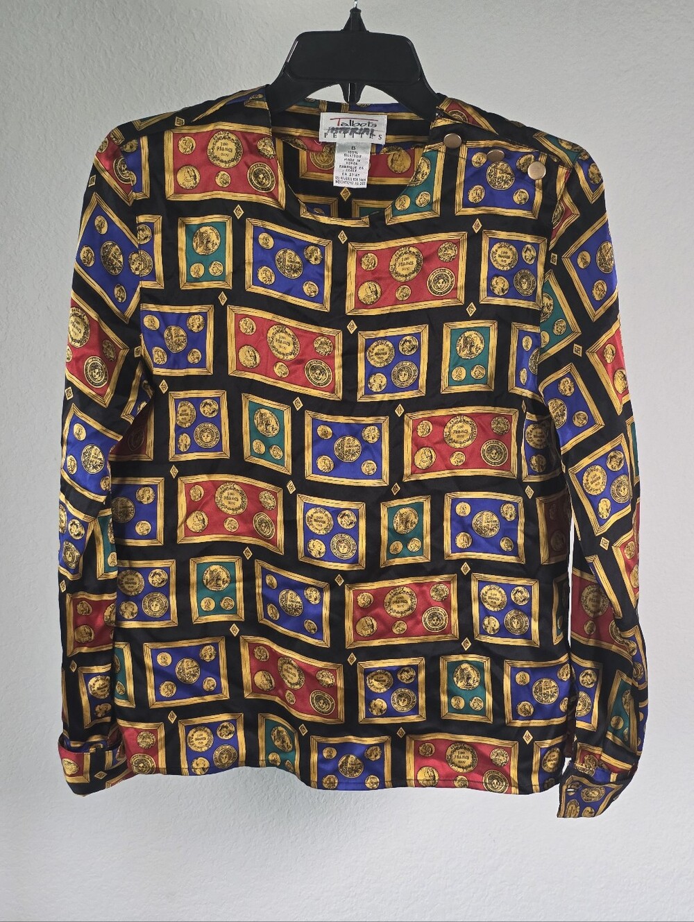 Vintage Talbots 100% Silk Blouse Size 6P Coin Medallion Print Colorful Y2k